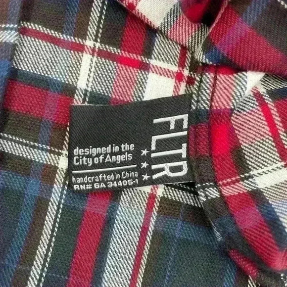 Filter Flannel Shirt Large Blue Red White Plaid 2 Flap Pockets Mens Long Sleeves - Picture 6 of 9
